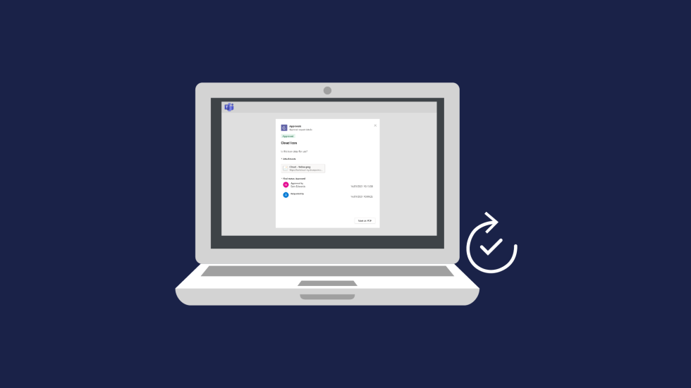 A laptop graphic with the Microsoft Teams Approvals app on screen.