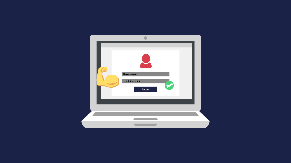 A laptop graphic with a login screen and a muscular arm.