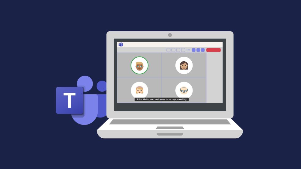 A laptop graphic with a video call meeting on screen and the Microsoft Teams logo.