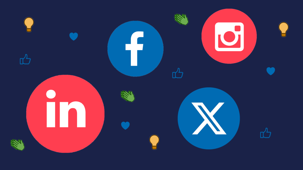 Social media icons in coloured circles with reaction emojis in the background.