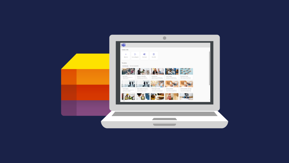 A laptop graphic with Microsoft Lists on the screen.