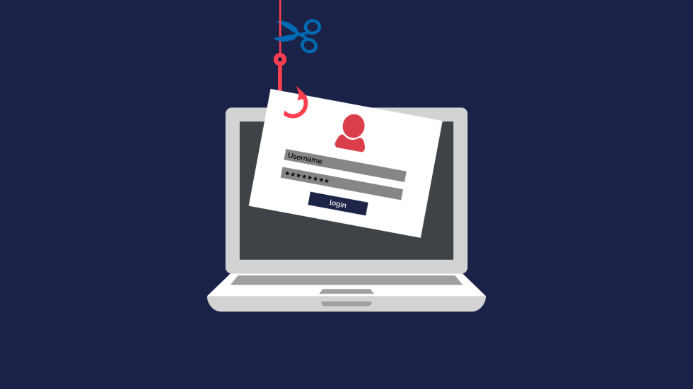A laptop graphic with a login box being lifted from the screen by a fishing hook.