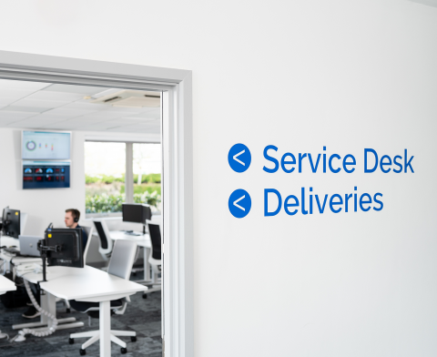 Service Desk and Deliveries sign pointing into an office doorway