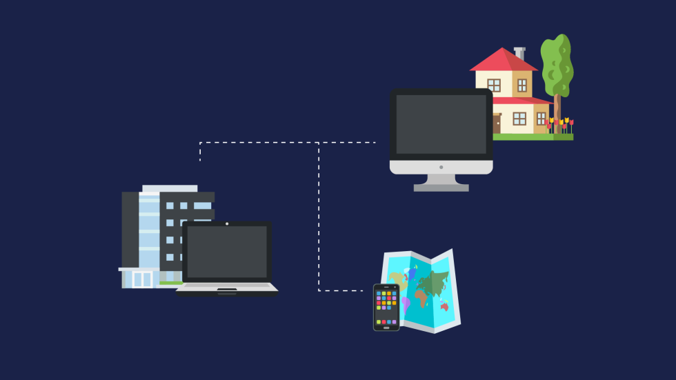 Remote Working graphics with home, office and map with mobile devices