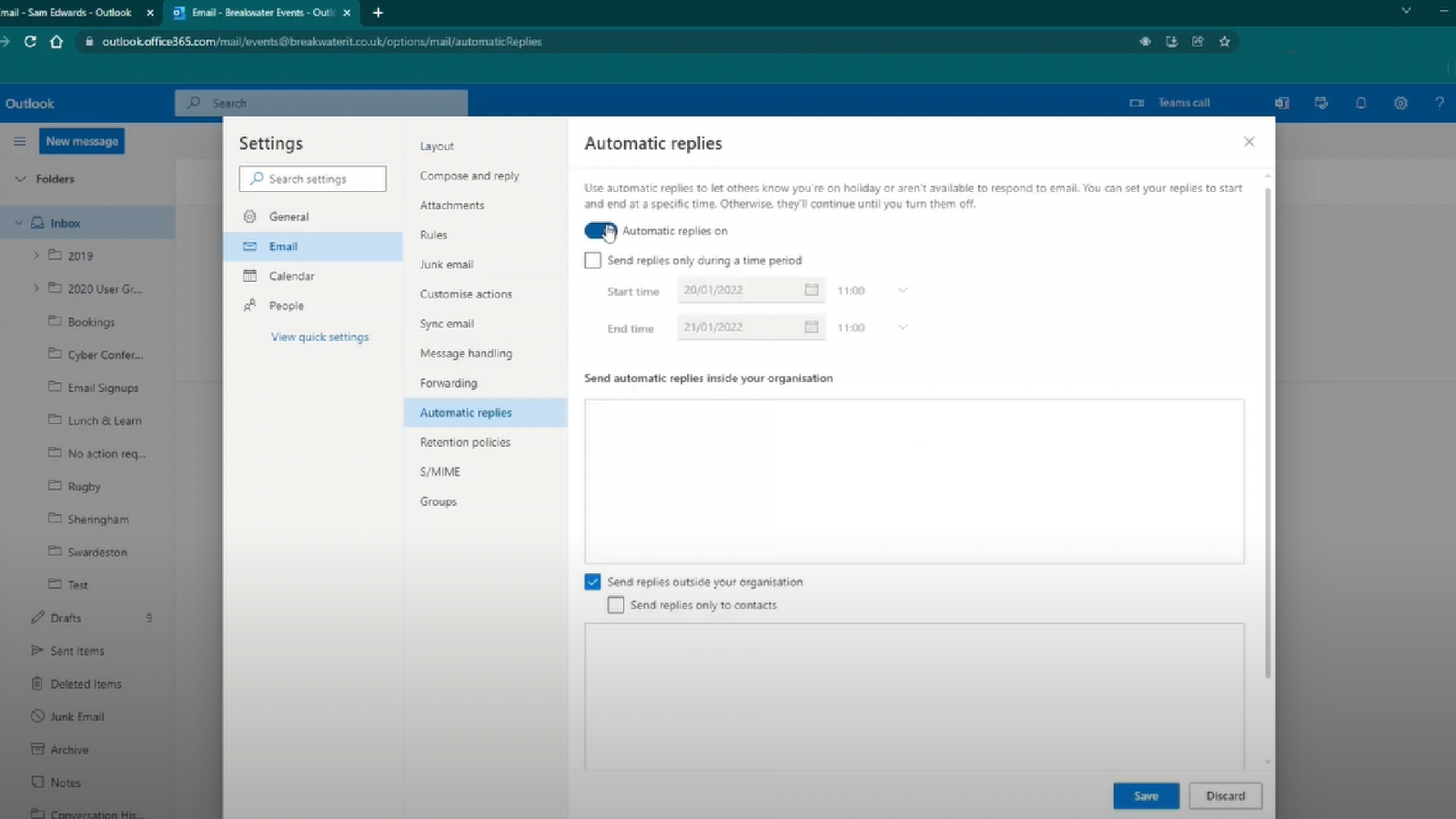 how do i send automatic replies from shared mailbox in outlook