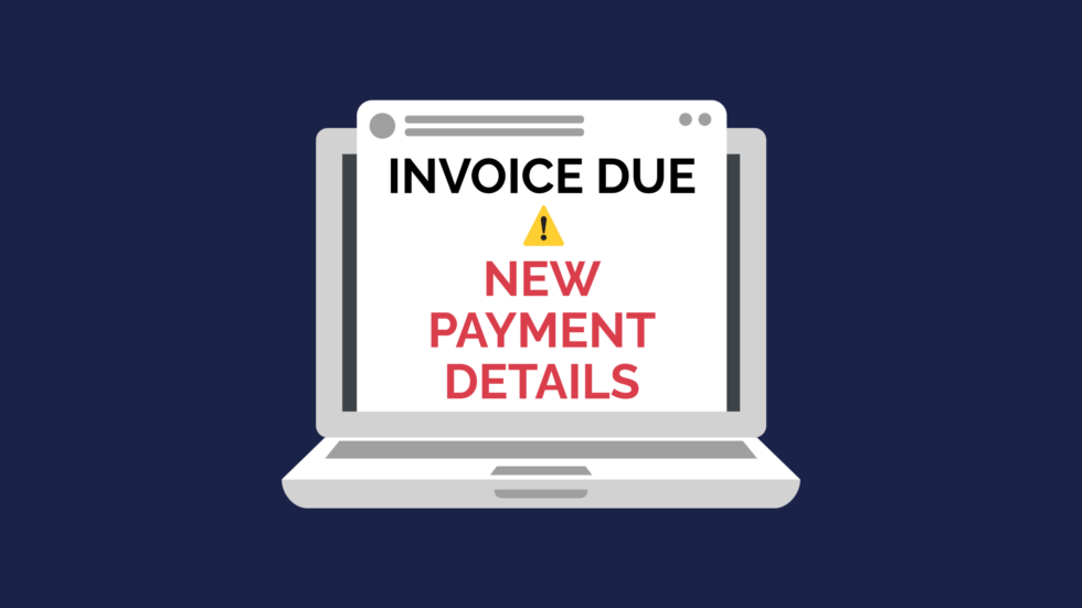 Graphic of a laptop and an email popping out reading 'invoice due - new payment details'.