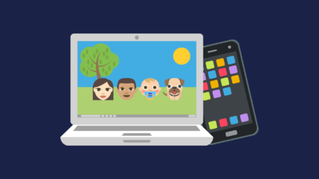 Graphic of a laptop with a family background including a man, woman, baby and dog. Behind the laptop is a mobile phone with colourful app icons.