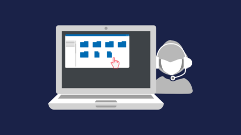 Graphic of a laptop with files on screen. A hooded figure wearing a headset is next to it.