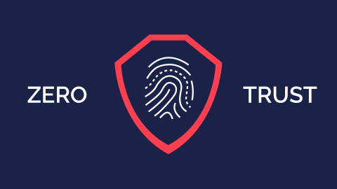 Zero Trust with shield and fingerprint graphic