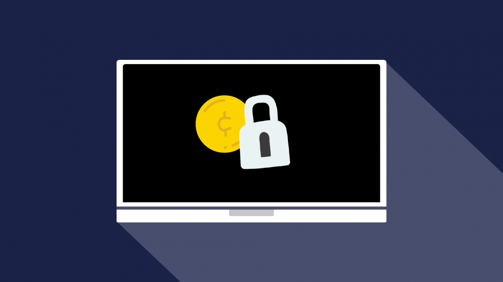 Graphic of a laptop with padlock and coin on the screen.