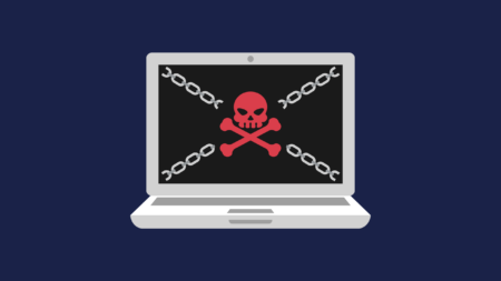 Graphic of a laptop with chains and a red skull and cross bones on the screen