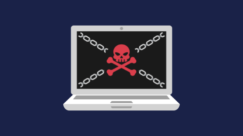 Graphic of a laptop with chains and a red skull and cross bones on the screen