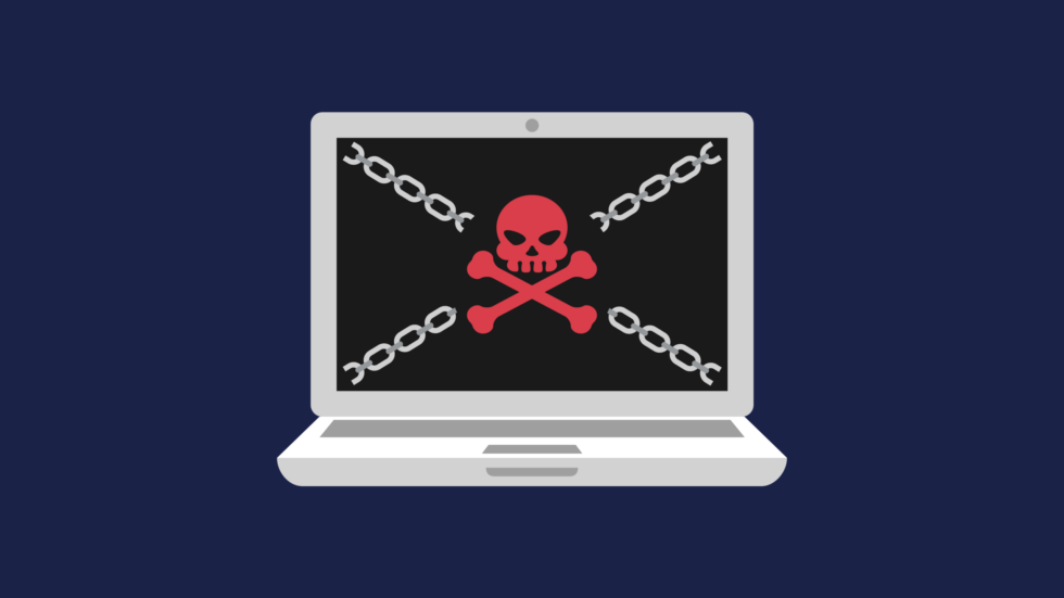 Graphic of a laptop with chains and a red skull and cross bones on the screen