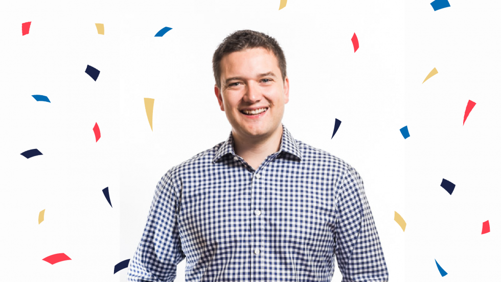 John Pyman with Breakwater logo confetti