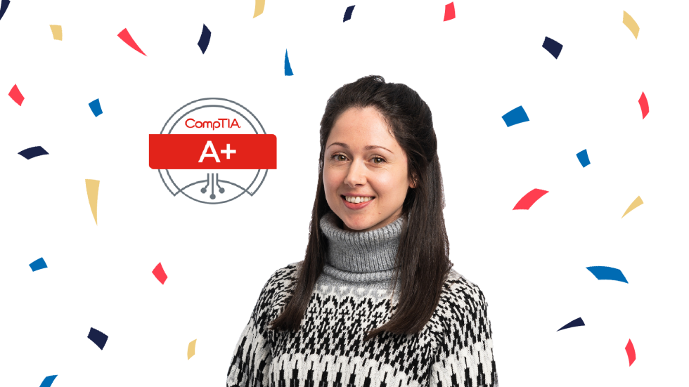 Jess with Breakwater logo confetti and CompTIA Logo.