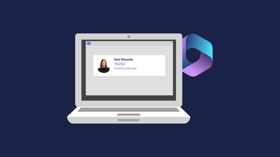 A laptop graphic with the Microsoft Teams pronouns setting on screen.