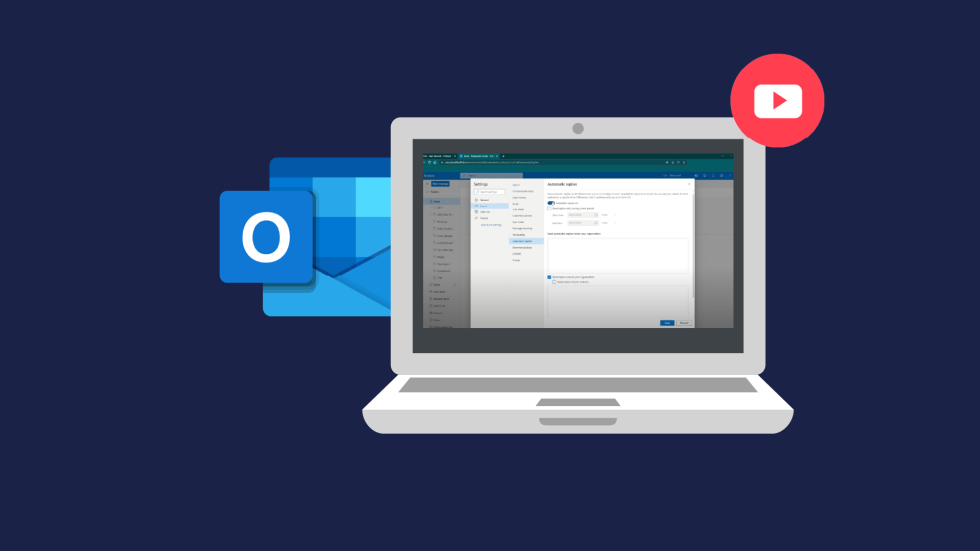 Automatic replies in Outlook on a laptop graphic.